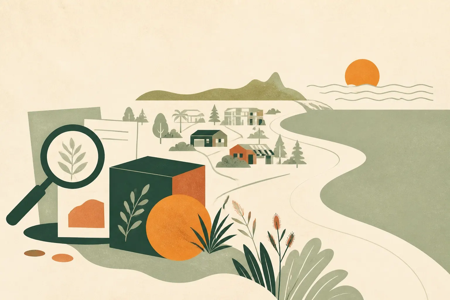Editorial illustration of Sunshine Coast businesses, a shoreline and valuation evidence in the VALS coastal palette