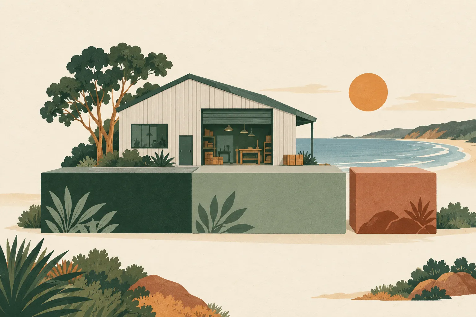 Editorial illustration of a coastal business and separate stacks representing operating value, cash and debt