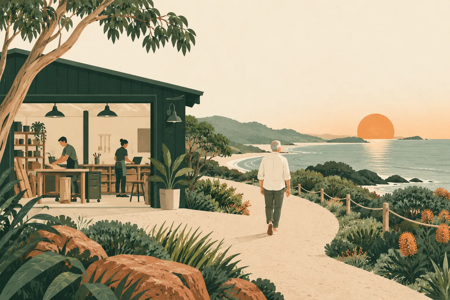 Editorial illustration of an owner walking along the Sunshine Coast while a small business continues operating with its team